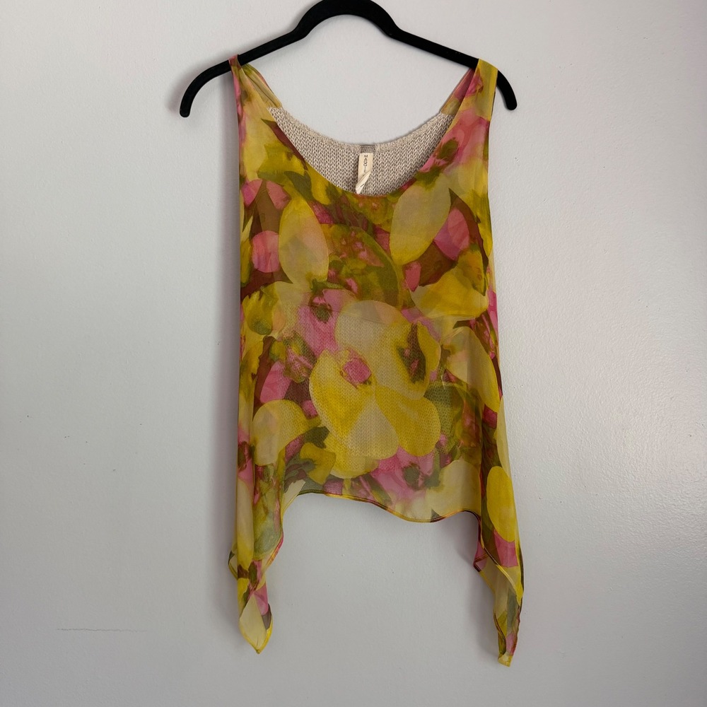 Maggie Ward Silk Linen Floral Handkerchief Hem Tank Top Yellow Pink Medium